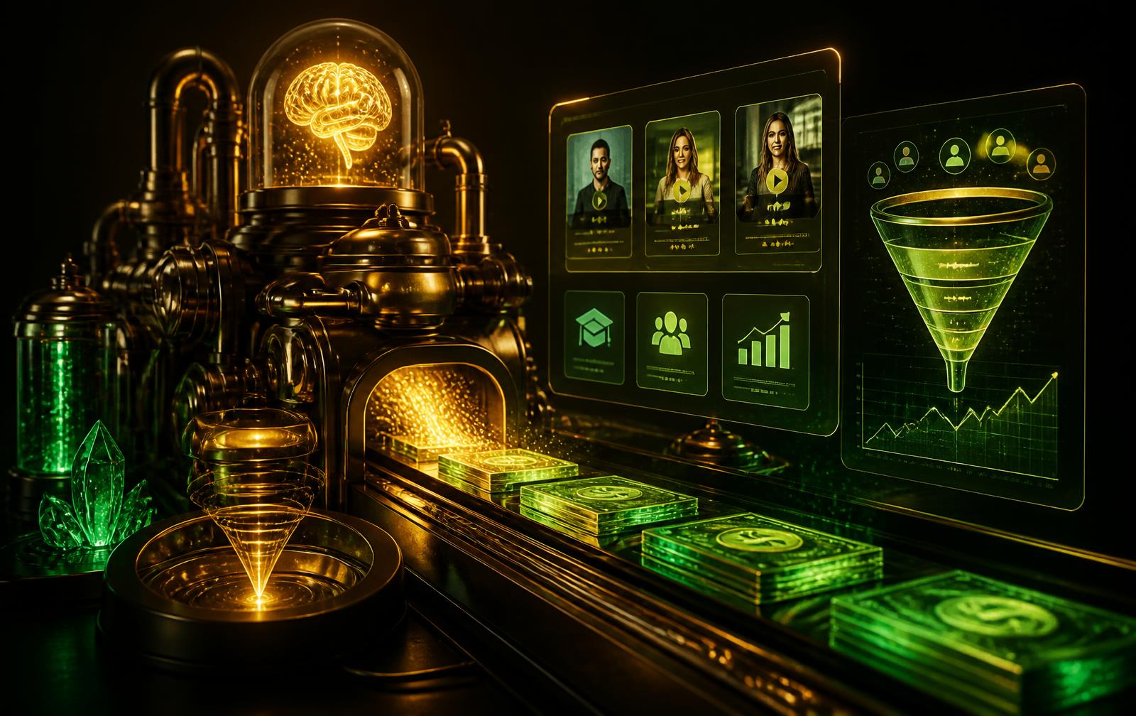 Máquina dourada de IA transformando ideias em produtos digitais e dinheiro